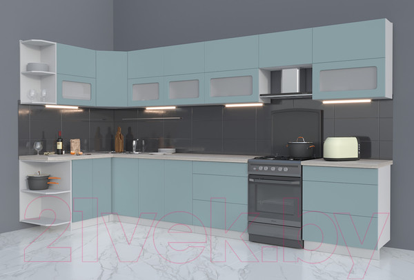 Изображение товара Кухонный гарнитур Интерлиния Мила Матте 1.5x3.8 Б левая (океан/океан/травертин серый)