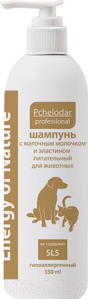 Изображение товара Шампунь для животных Pchelodar Питательный с маточным молочком и эластином (350мл)