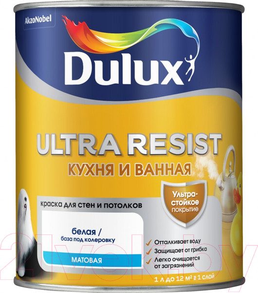 Изображение товара Краска Dulux Ultra Resist для кухни и ванной (1л, белый матовый)
