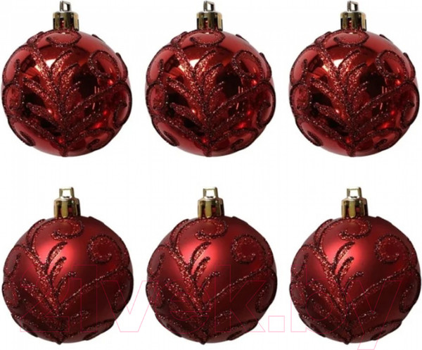 Изображение товара Набор шаров новогодних Волшебная страна Завитки / 007485 (6шт, красный)