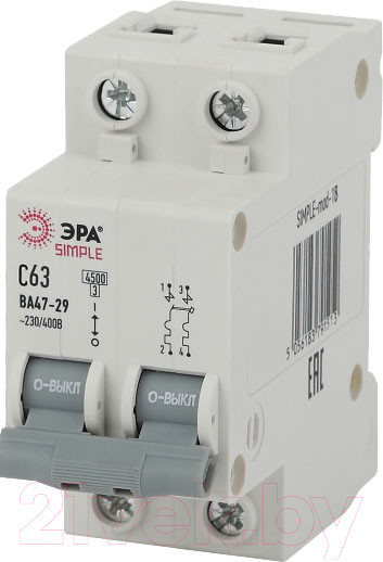 Изображение товара Выключатель автоматический ЭРА Simple-Mod-18 ВА47-29 2P 63А 4.5кА C / Б0039235