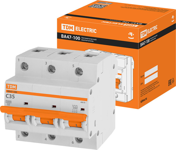 Изображение товара Выключатель автоматический TDM ВА 47-100 3Р 35А (C) 10кА / SQ0207-0072