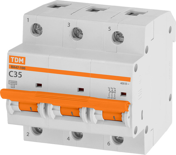 Изображение товара Выключатель автоматический TDM ВА 47-100 3Р 35А (C) 10кА / SQ0207-0072