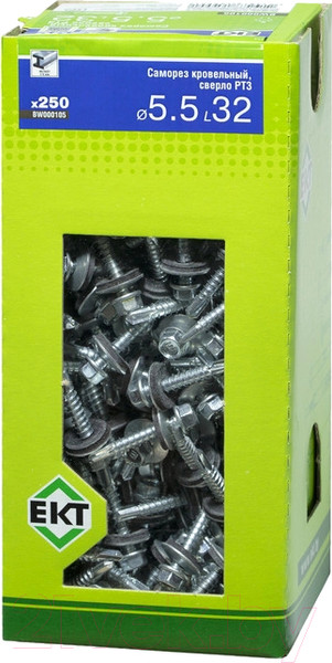 Изображение товара Саморез ЕКТ Кровельный с резиновой прокладкой 5.5х32 сверло PT3 / BW000105 (250шт, оцинкованный)