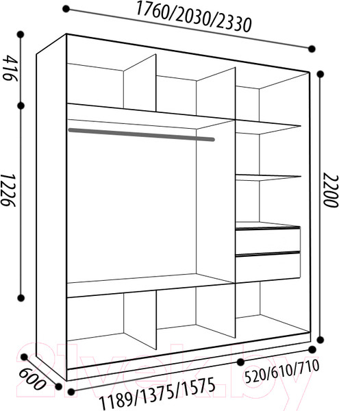 Изображение товара Шкаф-купе Евва 233 SSH.01 / АЭП ШК.3 01 (дуб сонома/дуб сонома/дуб шато)