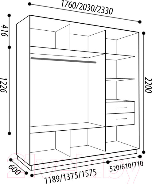 Изображение товара Шкаф-купе Евва 233 VHG.01 / АЭП ШК.3 01 (венге/дуб шамони светлый/венге глянец)