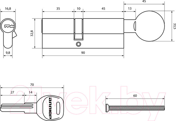 Изображение товара Цилиндровый механизм замка Аллюр HD FG 90-5K BP 35x10x45G вертушка перфорированный ключ (латунь)