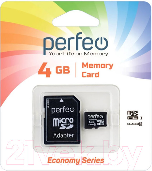 Изображение товара Карта памяти Perfeo MicroSDHC 4GB (Class 10) + адаптер / PF4GMCSH10AES