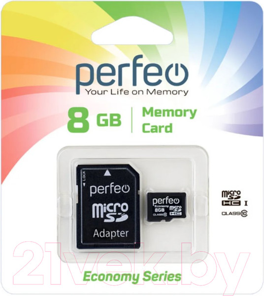 Изображение товара Карта памяти Perfeo MicroSDHC 8GB (Class 10) + адаптер / PF8GMCSH10AES