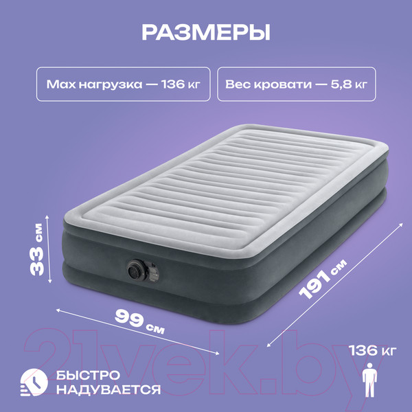 Изображение товара Надувная кровать Intex Twin Dura-Beam Comfort-Plush 67766NP (33x99x191)