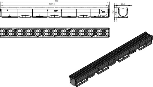 Изображение товара Лоток водоотводный Стандартпарк Пластиковый Spark 088081-М ЛВ-7.09.09-ПП с решеткой