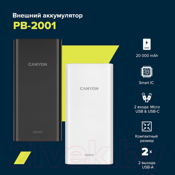 Изображение товара Портативное зарядное устройство Canyon PB-2001 / CNE-CPB2001W