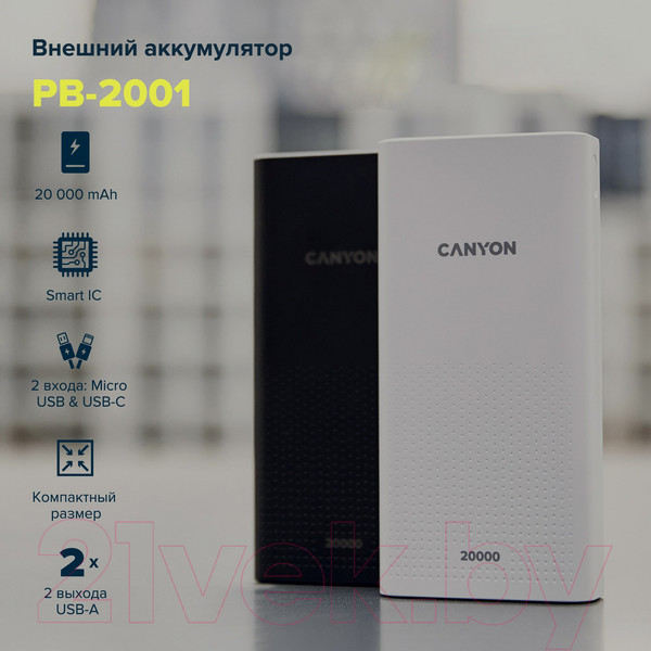 Изображение товара Портативное зарядное устройство Canyon PB-2001 / CNE-CPB2001W