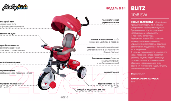 Изображение товара Трехколесный велосипед с ручкой Moby Kids Blitz 10x8 EVA / 646210 (красный)
