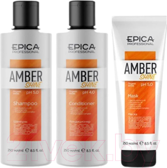 Изображение товара Набор косметики для волос Epica Professional Amber Shine Organic Шампунь+Кондиционер+Маска (250мл+250мл+250мл)