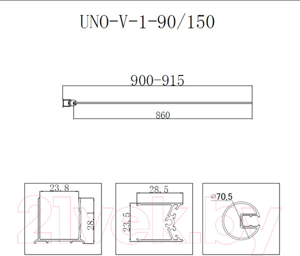 Изображение товара Стеклянная шторка для ванны BelBagno UNO-V-1-90/150-C-Cr