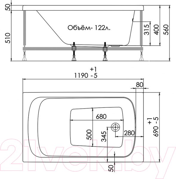 Изображение товара Ванна акриловая 1AcReal Gamma 120x70