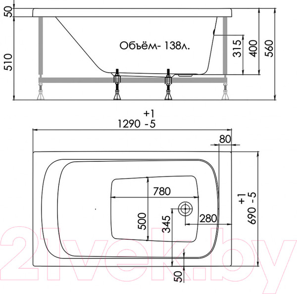 Изображение товара Ванна акриловая 1AcReal Gamma 130x70