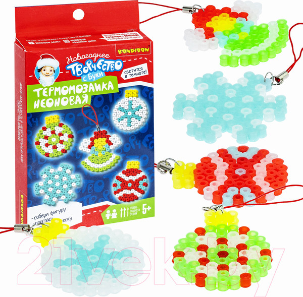 Изображение товара Развивающая игра Bondibon Новогодняя термомозаика неоновая. Елочные шары / ВВ5203