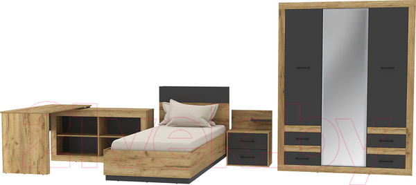 Изображение товара Комплект мебели для спальни Интерлиния Loft-3 Спальня-3 (дуб золотой/антрацит)