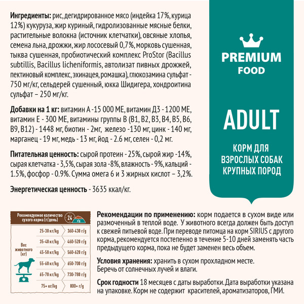 Изображение товара Сухой корм для собак Sirius Для взрослых собак крупных пород с индейкой и овощами (15кг)