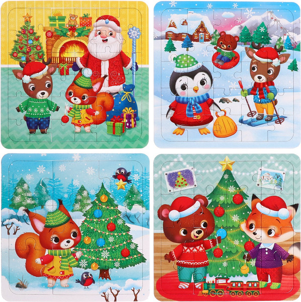 Изображение товара Набор пазлов Puzzle Time Новый год у зверят 4 в 1 / 6536584