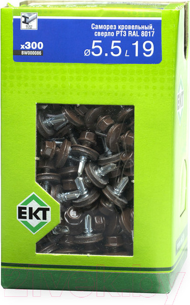 Изображение товара Саморез ЕКТ Кровельный с резиновой прокладкой 5.5х19 сверло PT3 / BW000086 (300шт, RAL 8017)