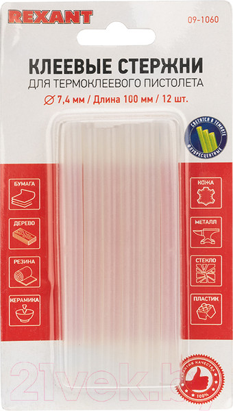 Изображение товара Клеевые стержни Rexant 09-1060 (12шт, прозрачный светящийся)