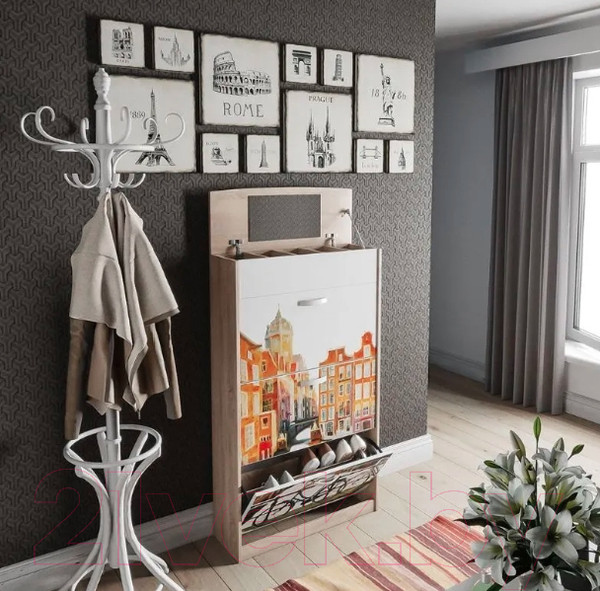 Изображение товара Тумба для обуви ТриЯ Тип 6 (дуб сонома с рисунком/белая шагрень)