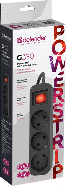 Изображение товара Удлинитель Defender G330 / 99334 (3м, 3 розетки, черный)