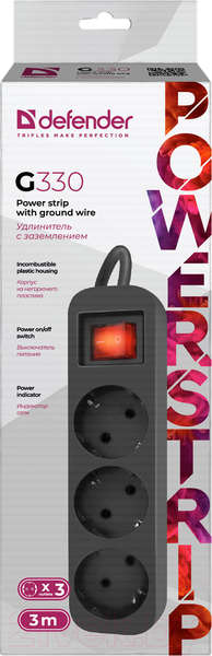 Изображение товара Удлинитель Defender G330 / 99334 (3м, 3 розетки, черный)