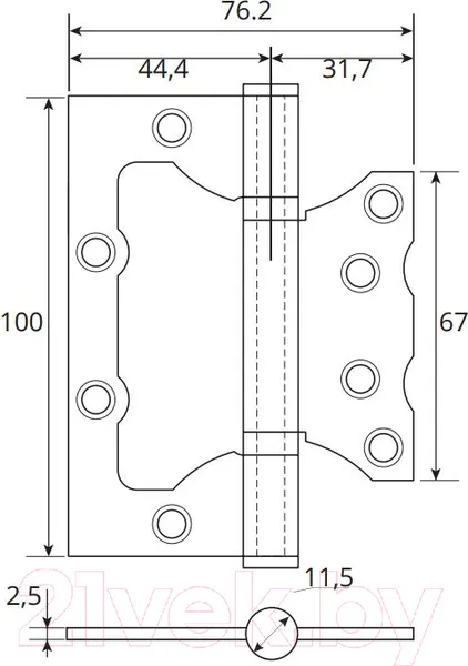 Изображение товара Комплект петель дверных VELA 100x75x2.5-2BB накладная (2шт, матовый никель)