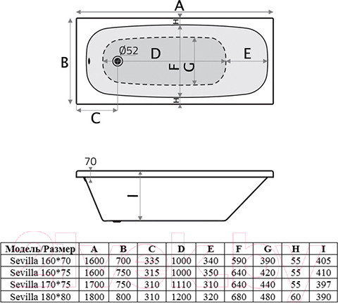 Изображение товара Ванна акриловая Alba Spa Sevilla 160x75 (с ножками)