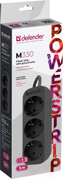 Изображение товара Удлинитель Defender M330 / 99322 (3м, 3 розетки, черный)
