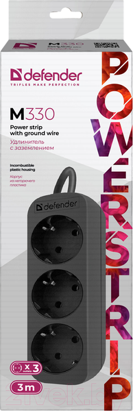 Изображение товара Удлинитель Defender M330 / 99322 (3м, 3 розетки, черный)