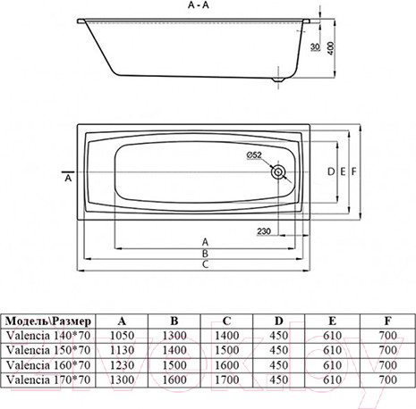 Изображение товара Ванна акриловая Alba Spa Valencia 170x70 (с ножками и экраном)