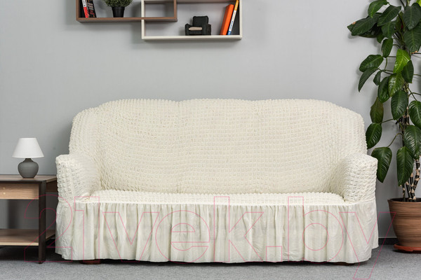 Изображение товара Чехол на 3-х местный диван Софатэкс Люкс ПО-1 с оборкой / 00856 (молочный)