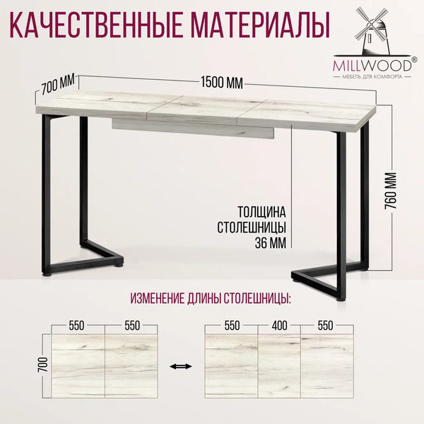 Изображение товара Обеденный стол Millwood Лофт Лондон Л 110-150x70x76 (дуб белый Craft/металл черный)