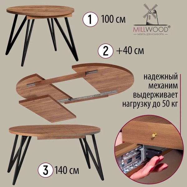 Изображение товара Обеденный стол Millwood Женева 3 Л раздвижной D100x140x100x76 (дуб табачный Craft/металл черный)