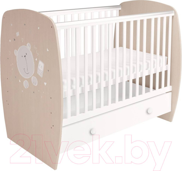 Изображение товара Детская кроватка Polini Kids French 710 Teddy с ящиком (белый/дуб пастельный)