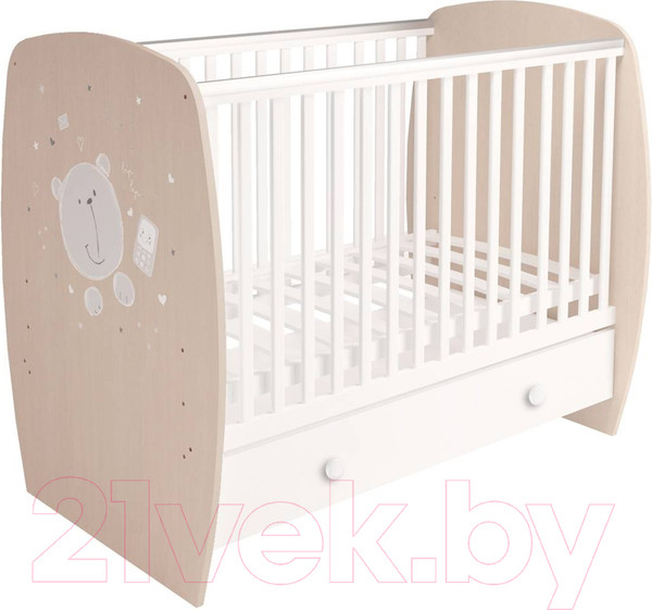 Изображение товара Детская кроватка Polini Kids French 710 Teddy с ящиком (белый/дуб пастельный)