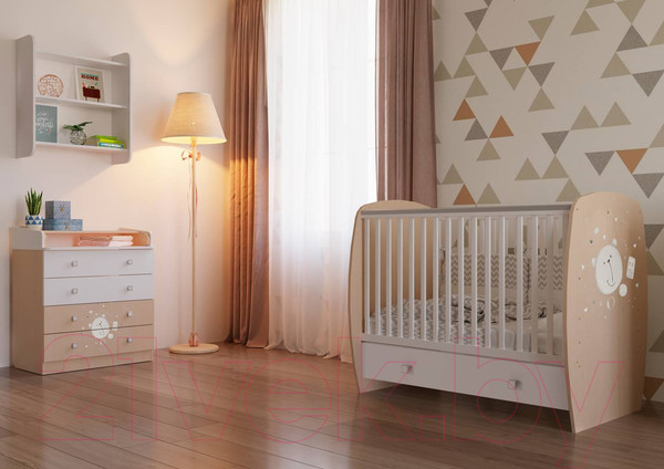 Изображение товара Детская кроватка Polini Kids French 710 Teddy с ящиком (белый/дуб пастельный)