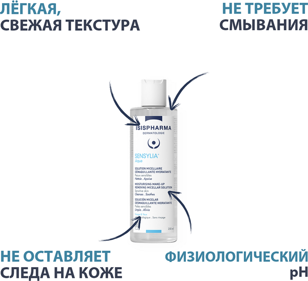 Изображение товара Мицеллярная вода ISISPHARMA Sensylia Aqua увлажняющая д/чувствит и обезвоженной кожи (250мл)