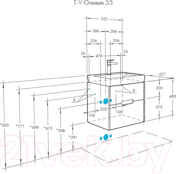Изображение товара Тумба с умывальником Акватон Оливия 55 (1A2542K0OLUG0)