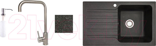 Изображение товара Мойка кухонная со смесителем БелЭворс Styl R + смеситель W4998-4 + дозатор L405-1 (черный)