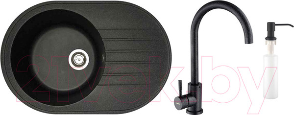 Изображение товара Мойка кухонная со смесителем БелЭворс Rondo L + смеситель W4998-3-22 + дозатор L405F (черный)