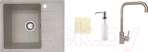 Изображение товара Мойка кухонная со смесителем БелЭворс Mila L + смеситель W4998-4 + дозатор L405-1 (бежевый)