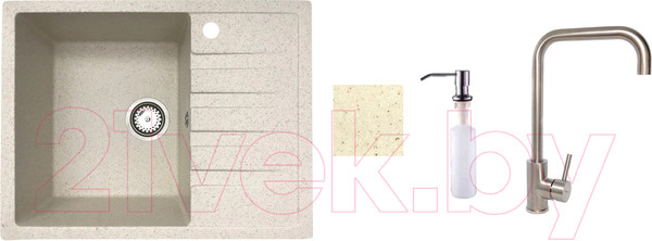 Изображение товара Мойка кухонная со смесителем БелЭворс Vega L + смеситель W4998-4 + дозатор L405-1 (бежевый)
