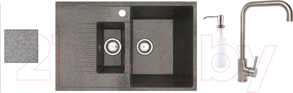 Изображение товара Мойка кухонная со смесителем БелЭворс Forma R + смеситель W4998-4 + дозатор L405-1 (серый)