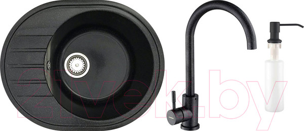 Изображение товара Мойка кухонная со смесителем БелЭворс New Lux R + смеситель W4998-3-22 + дозатор L405F (черный)